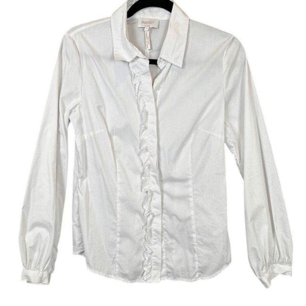 Laundry by Shelli Segal Ruffle Front Button Up‎ Shirt White Collared Size 6